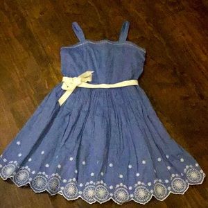 Girls Chambray Denim Dress with White Lace Detail